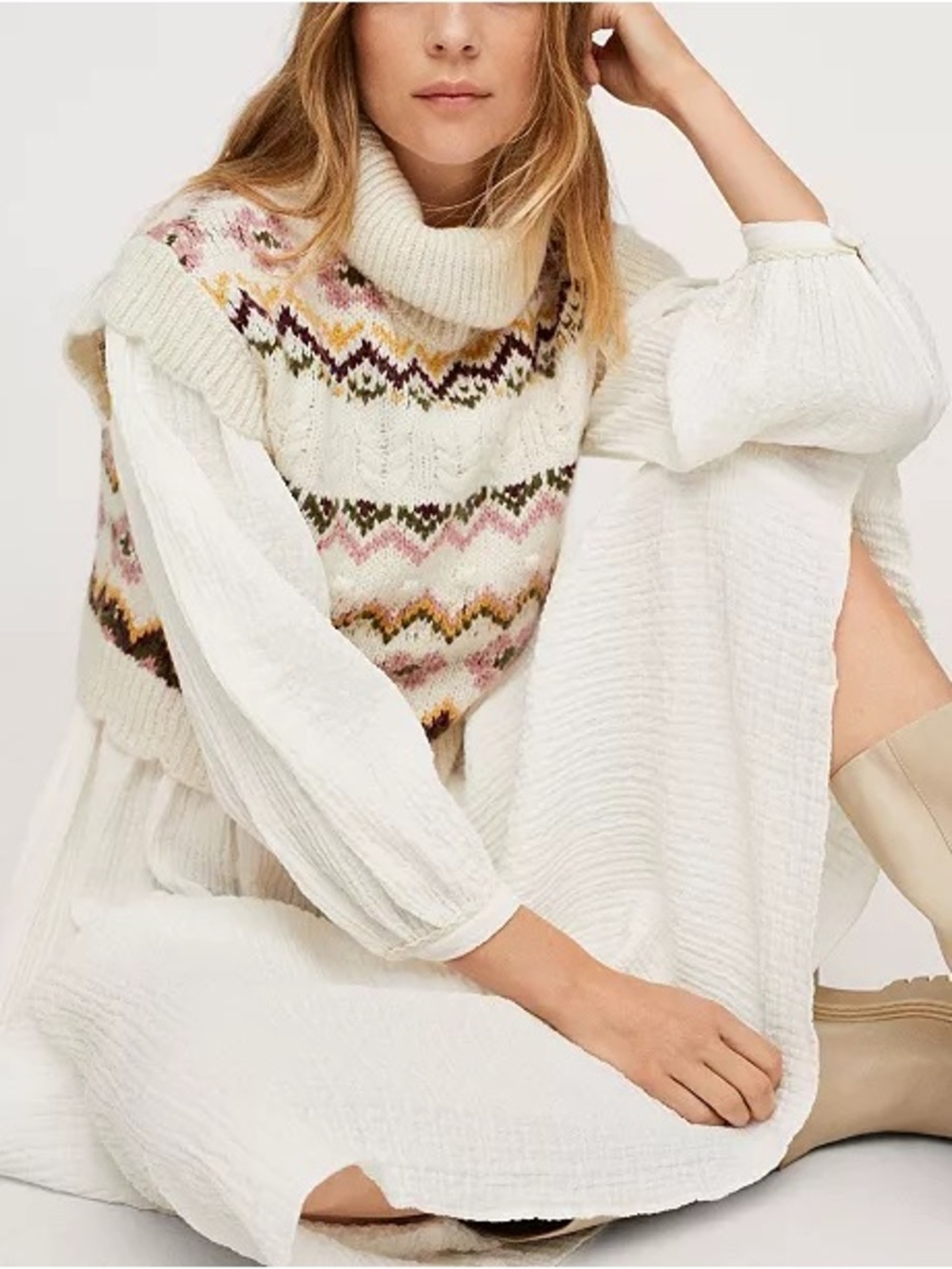 Mango Fair Isle Whimsical Turtleneck Sweater Shell XL